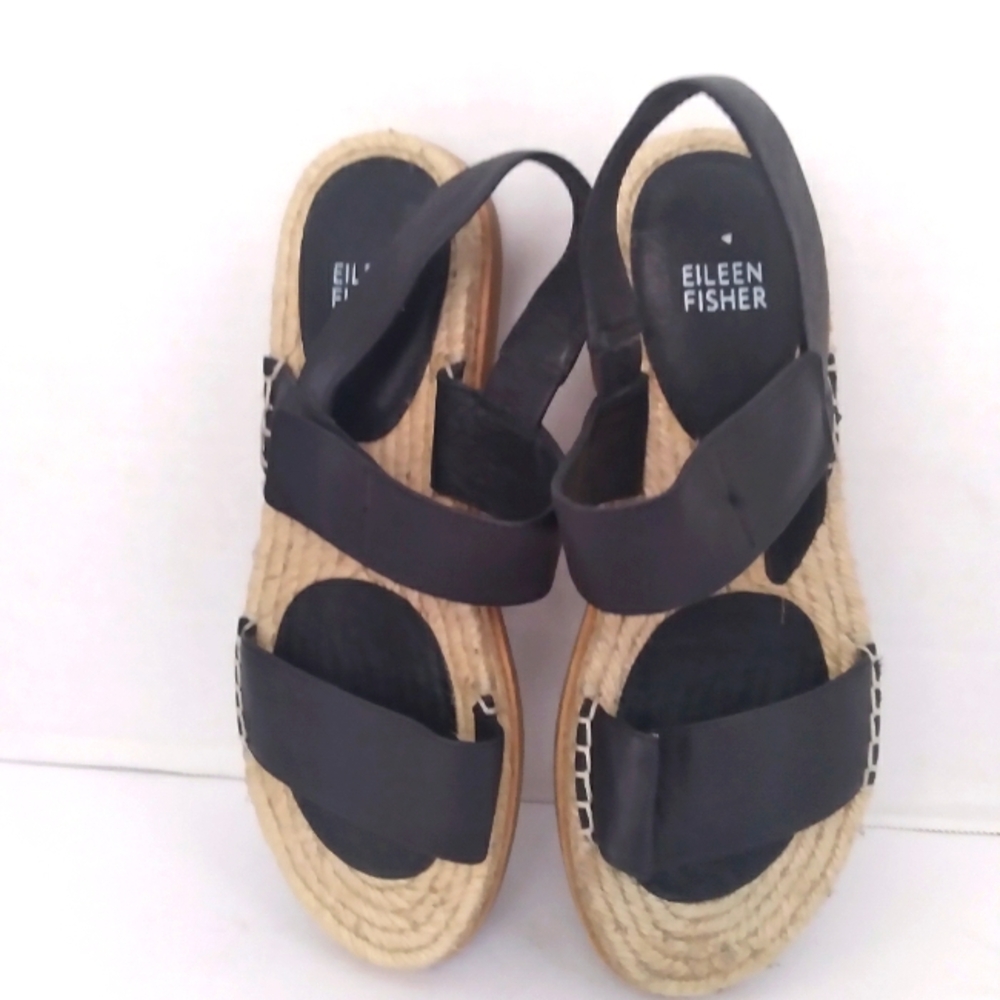 Eileen Fisher Black Leather Espadrille Platform Sandals Comfort Summer Shoes